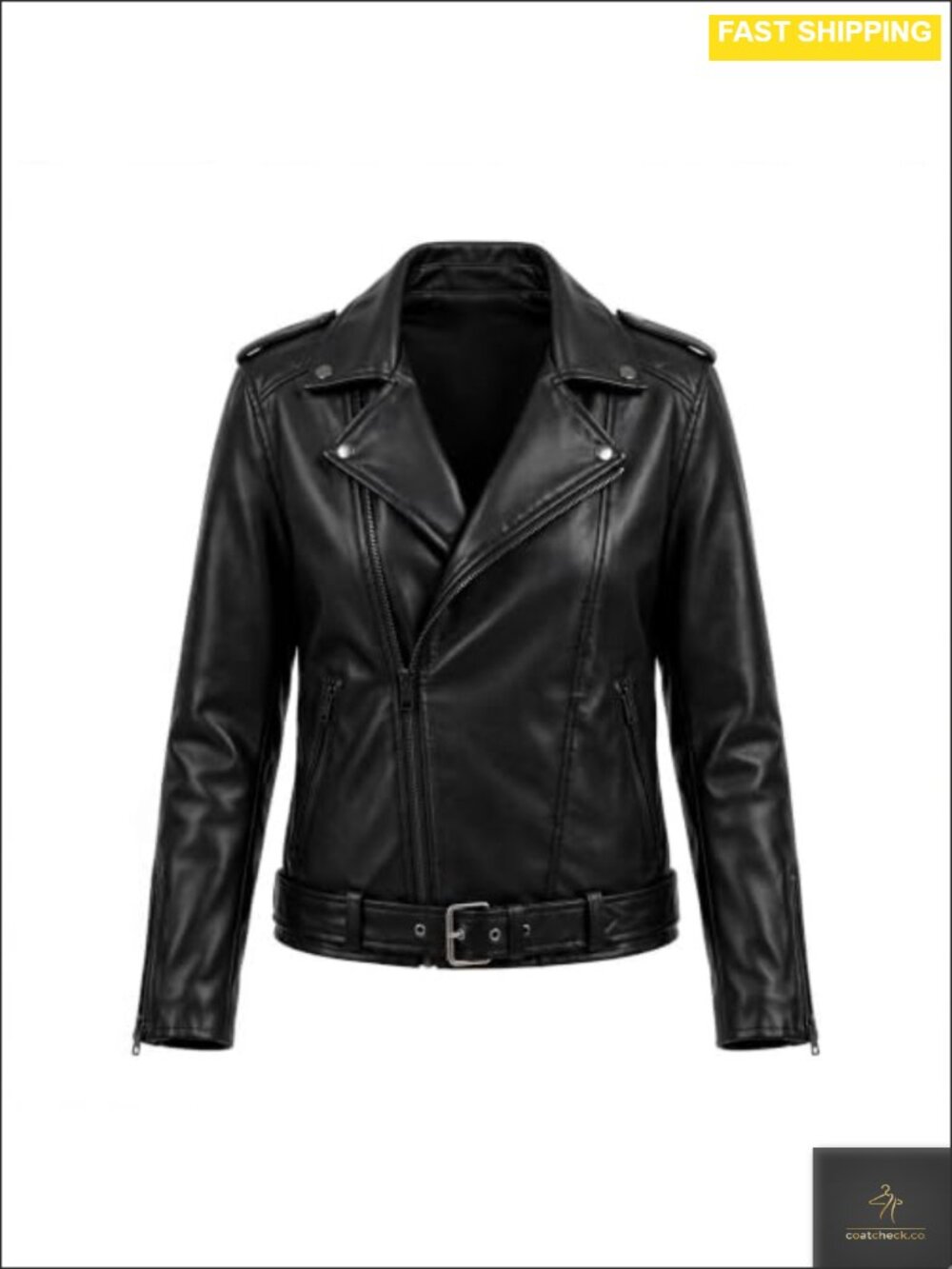 Women's Moto Biker Jacket Vegan PU Leather Belted Cropped Zip Moto Style